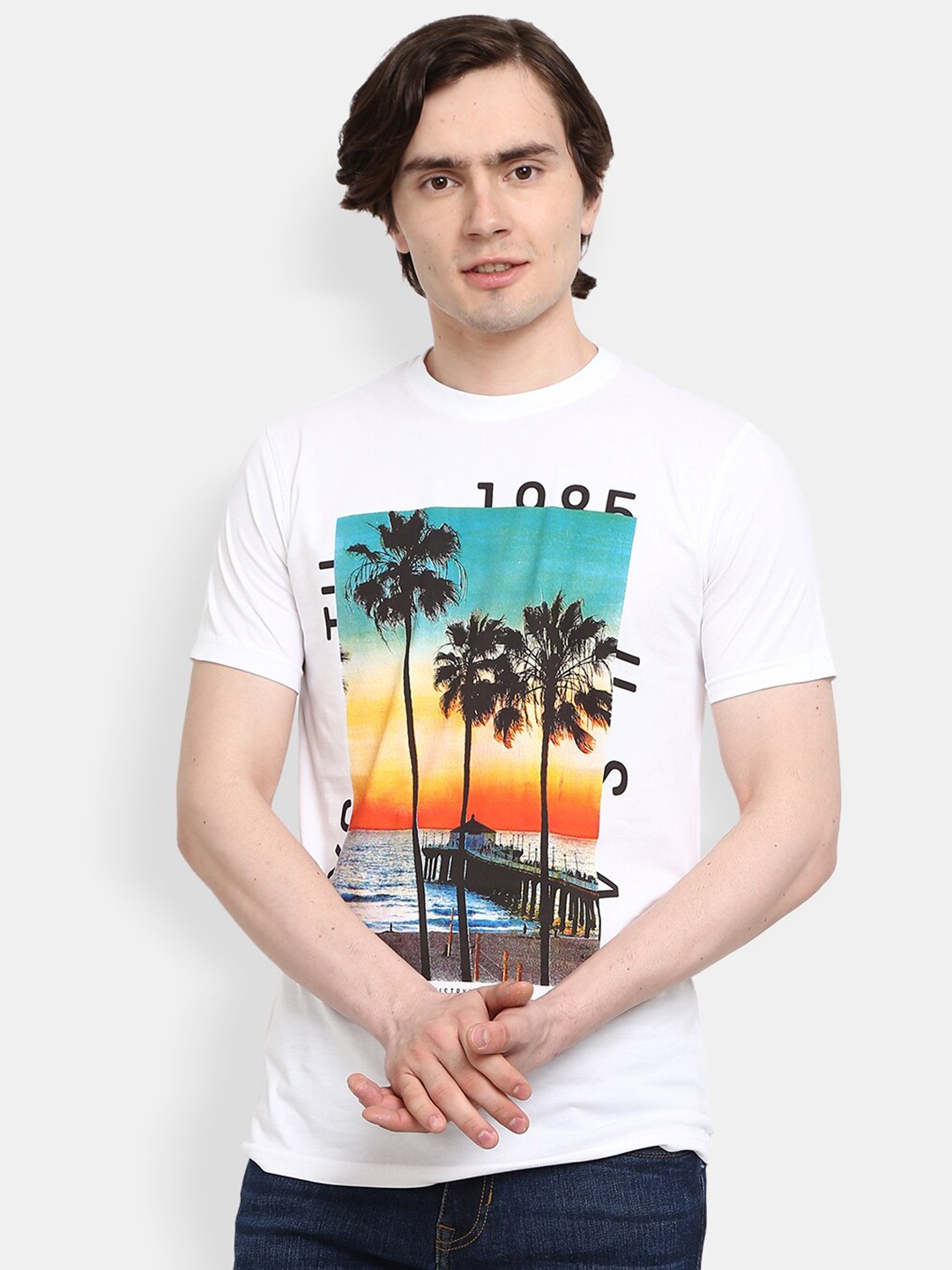 

V-Mart Graphic Printed Round Collar Cotton Slim Fit T-shirt, White