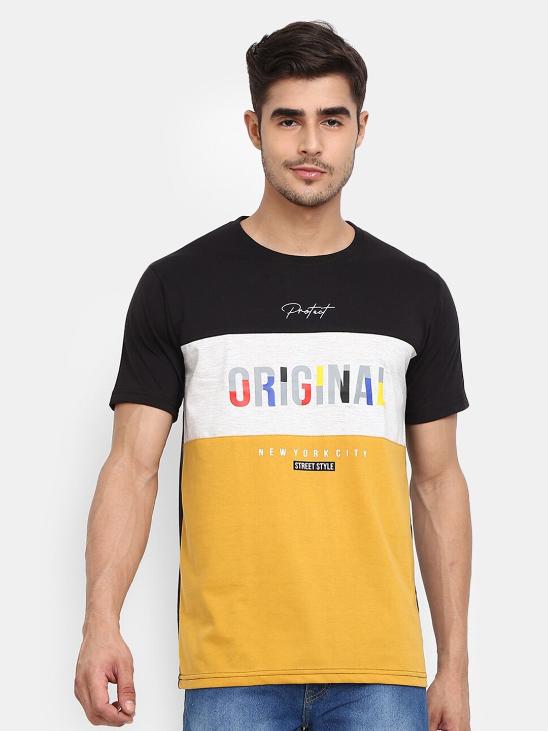 

V-Mart Colourblocked Cotton Slim Fit T-shirt, Yellow