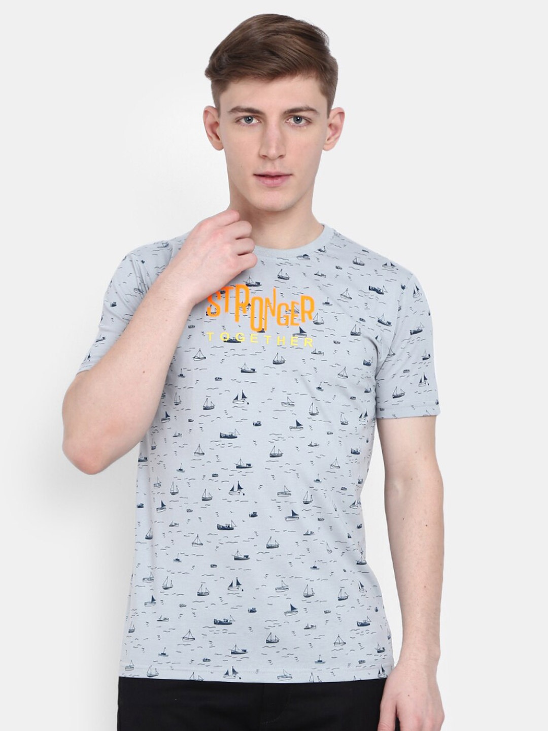 

V-Mart Conversational Printed Cotton Slim Fit T-shirt, Grey