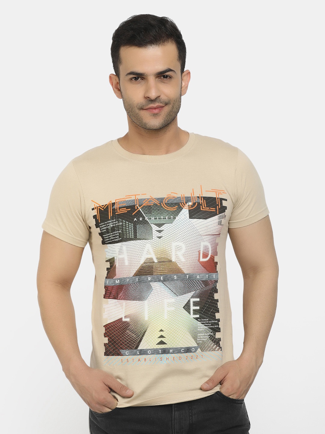 

V-Mart Graphic Printed Cotton Slim Fit T-shirt, Off white