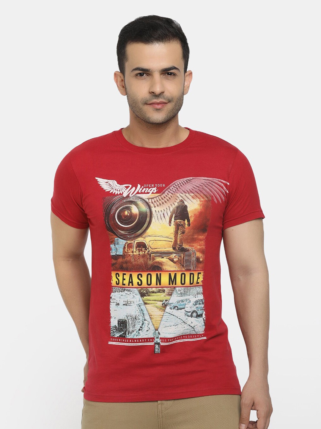 

V-Mart Graphic Printed Cotton Slim Fit T-shirt, Maroon