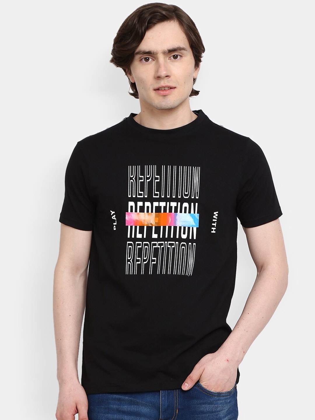 

V-Mart Typography Printed Cotton Slim Fit T-shirt, Black