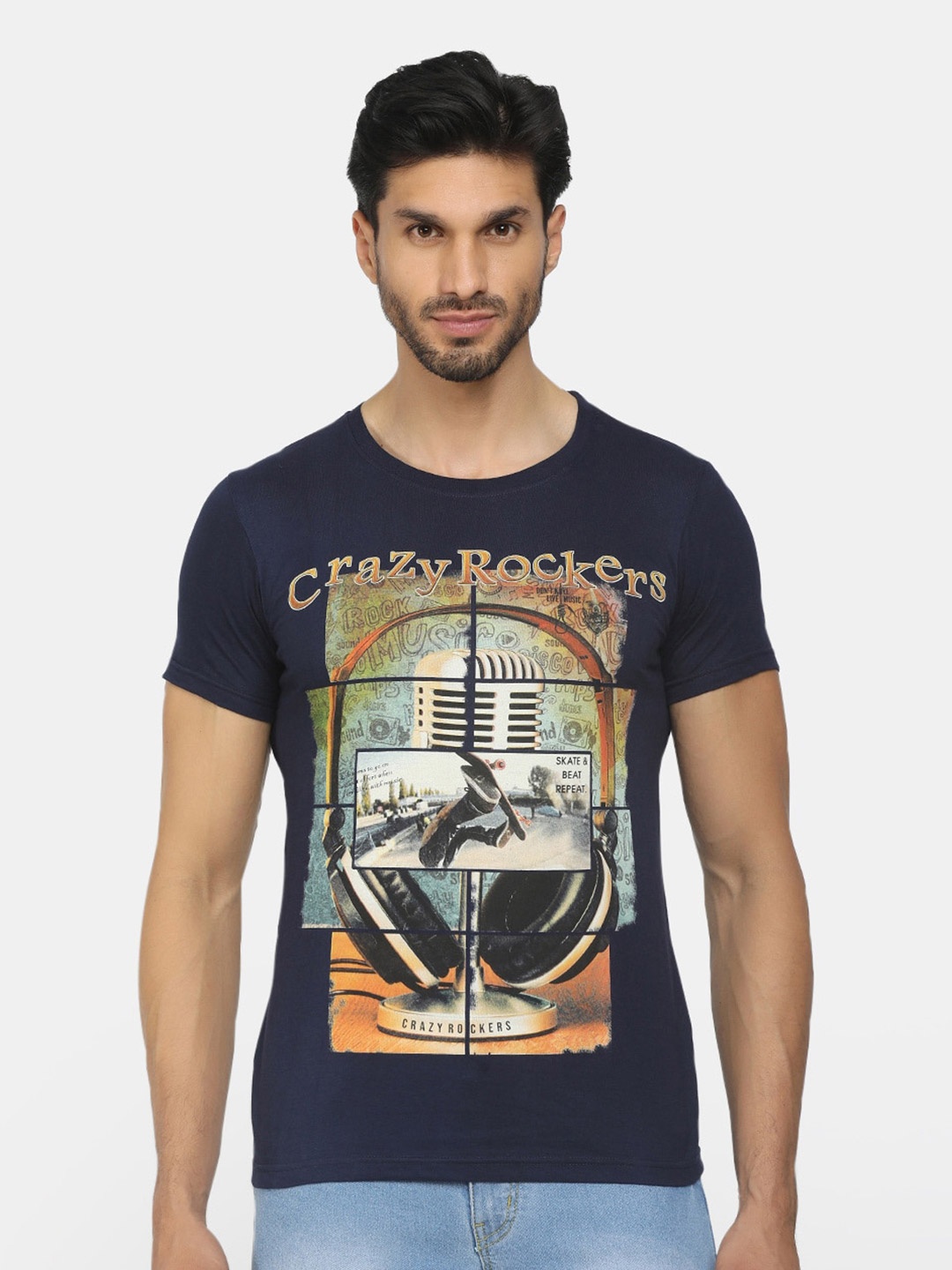 

V-Mart Graphic Printed Cotton Slim Fit T-shirt, Navy blue