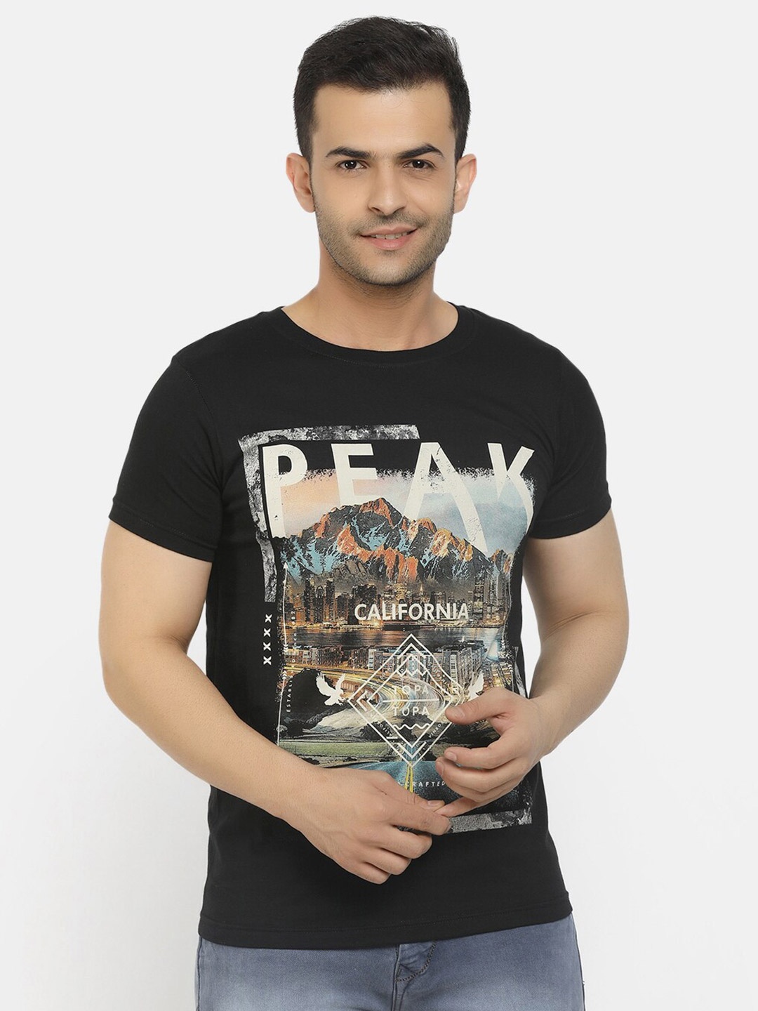 

V-Mart Printed Cotton Slim Fit T-shirt, Black
