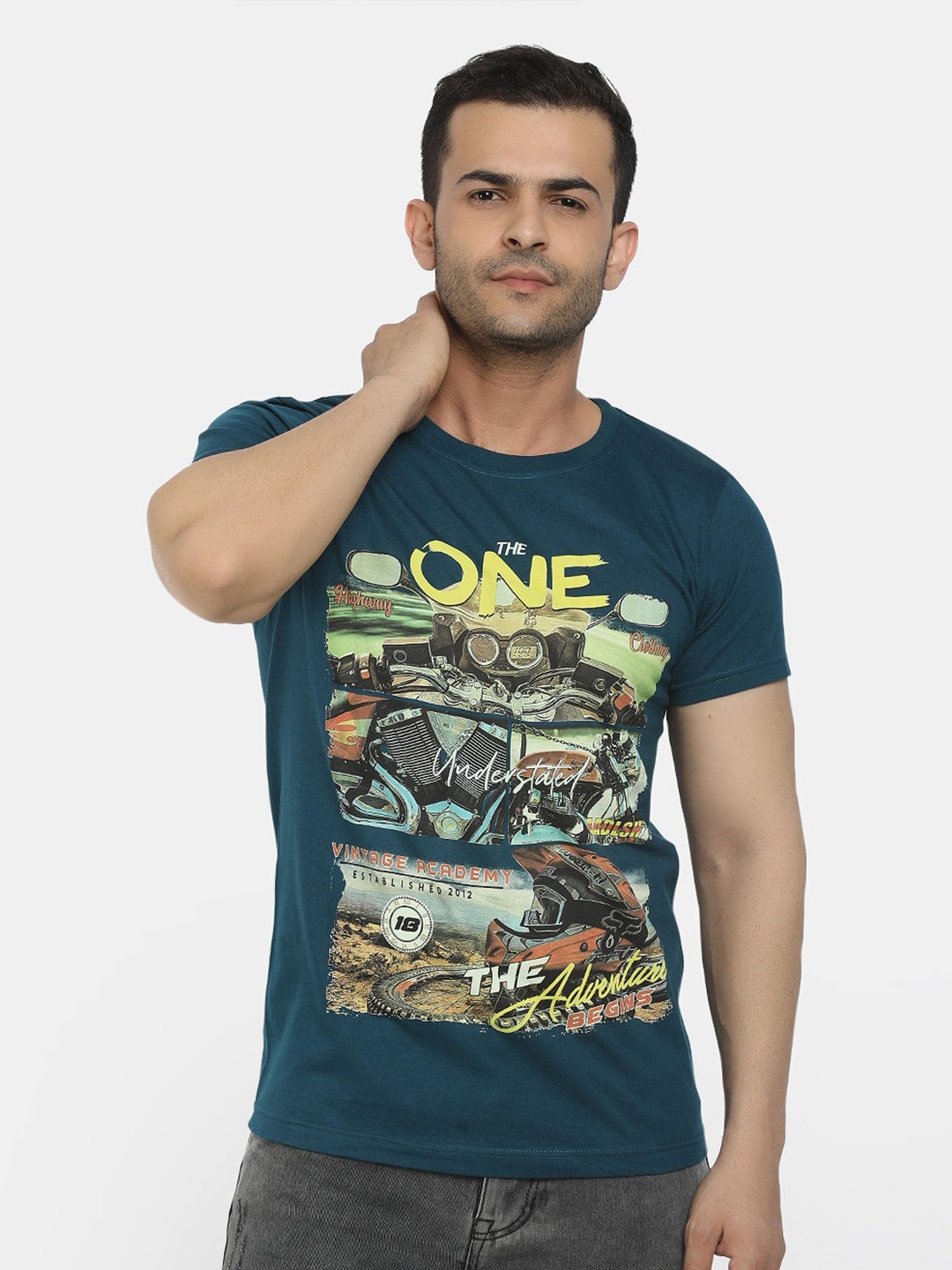 

V-Mart Graphic Printed Slim Fit Cotton T-shirt, Teal