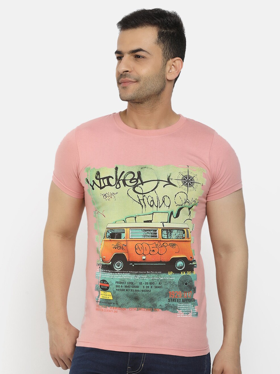 

V-Mart Graphic Printed Cotton Slim Fit T-shirt, Peach