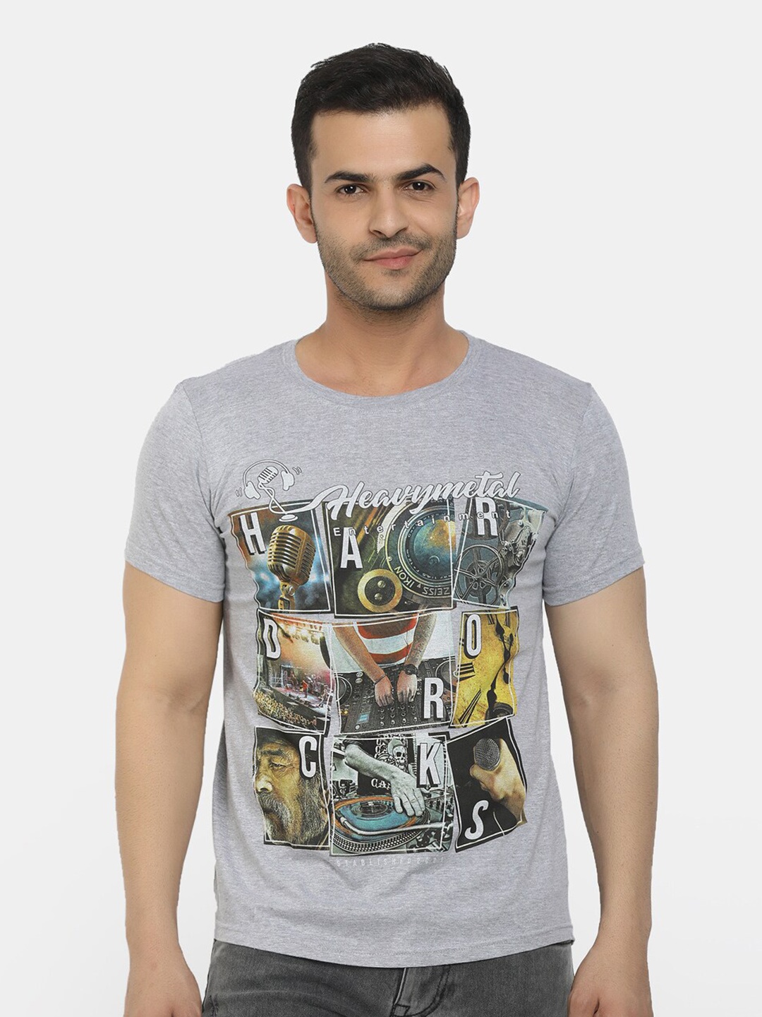 

V-Mart Graphic Printed Cotton Slim Fit T-shirt, Grey melange