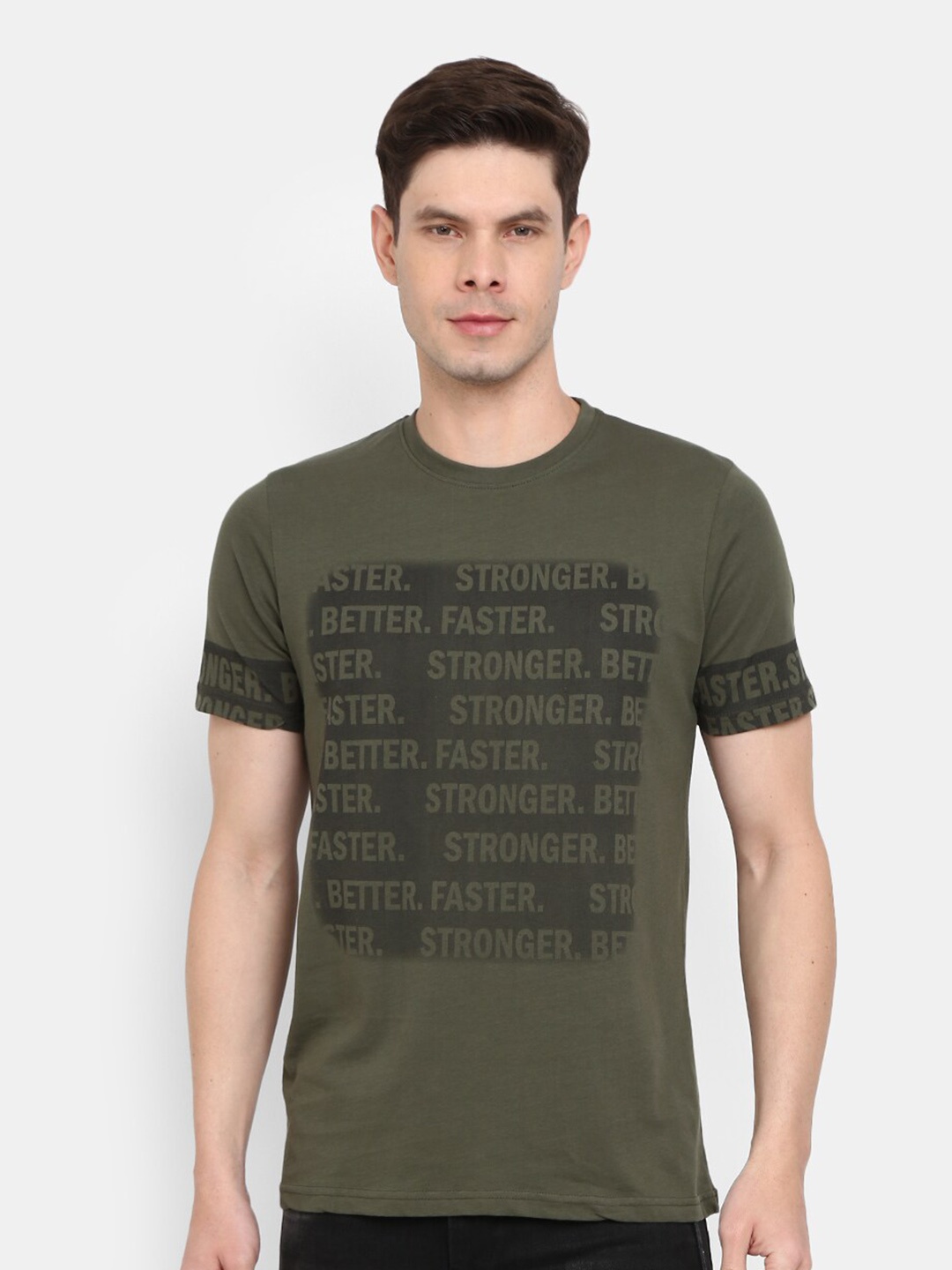 

V-Mart Typography Printed Cotton Slim Fit T-shirt, Olive