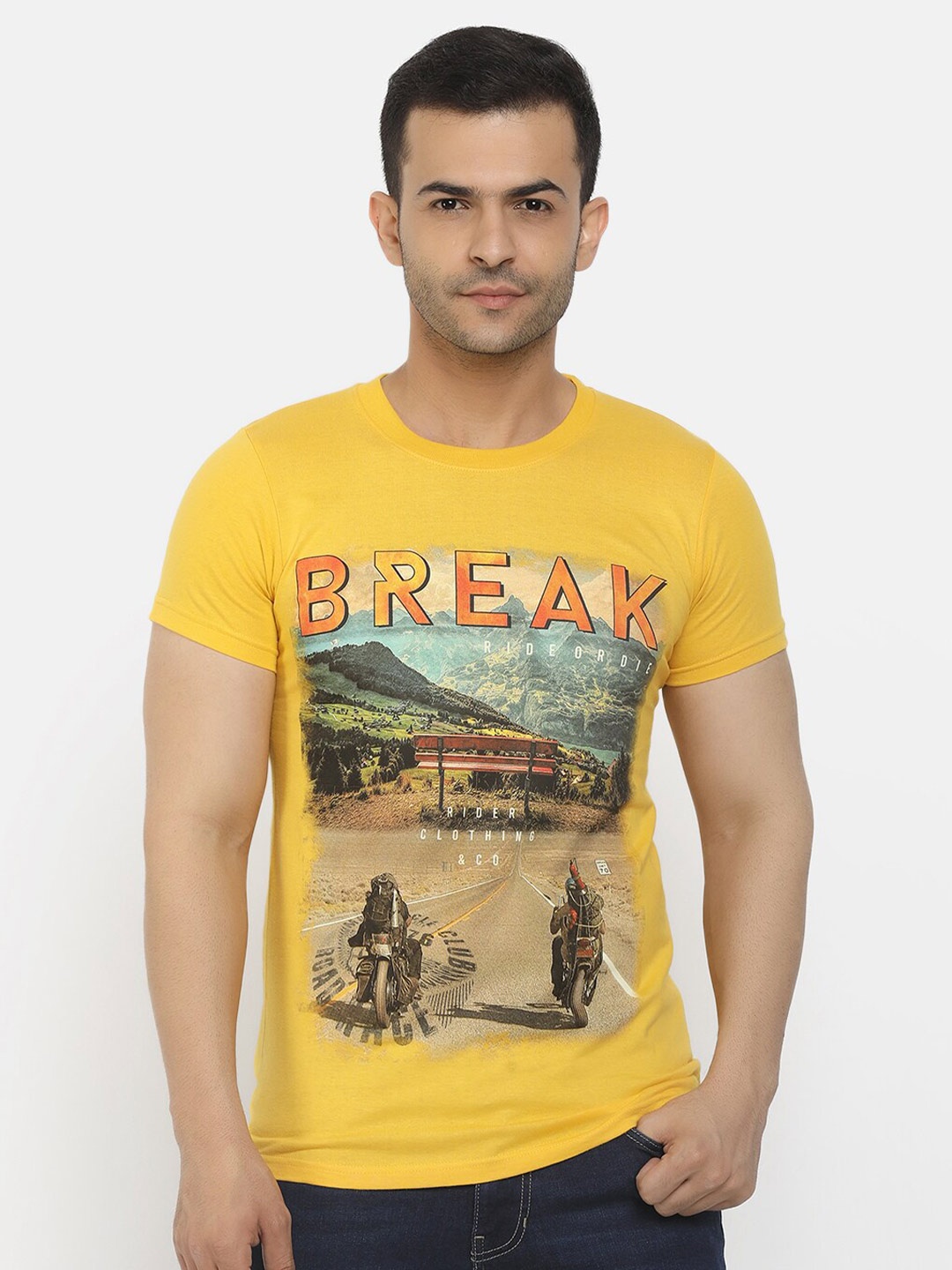 

V-Mart Graphic Printed Cotton Slim Fit T-shirt, Mustard
