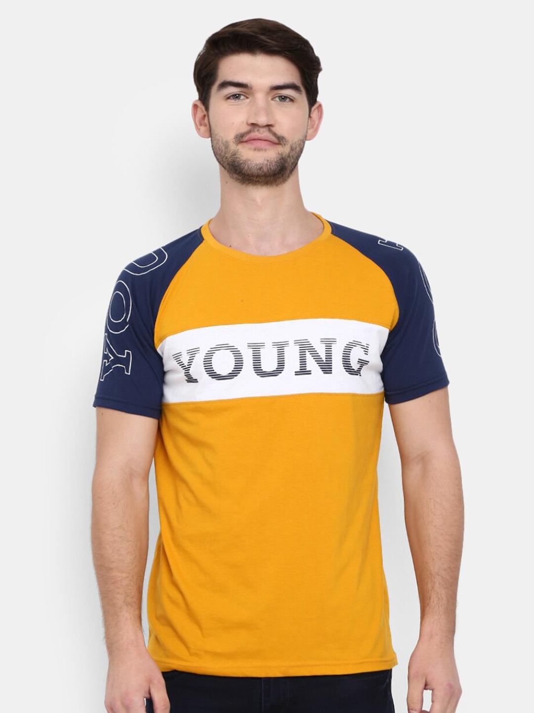 

V-Mart Typography Printed Raglan Sleeves Cotton Slim Fit T-shirt, Mustard