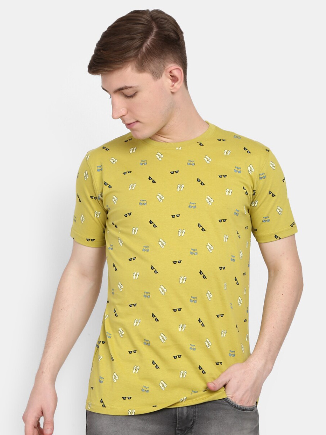 

V-Mart Conversational Printed Round Neck Cotton Slim Fit T-shirt, Green