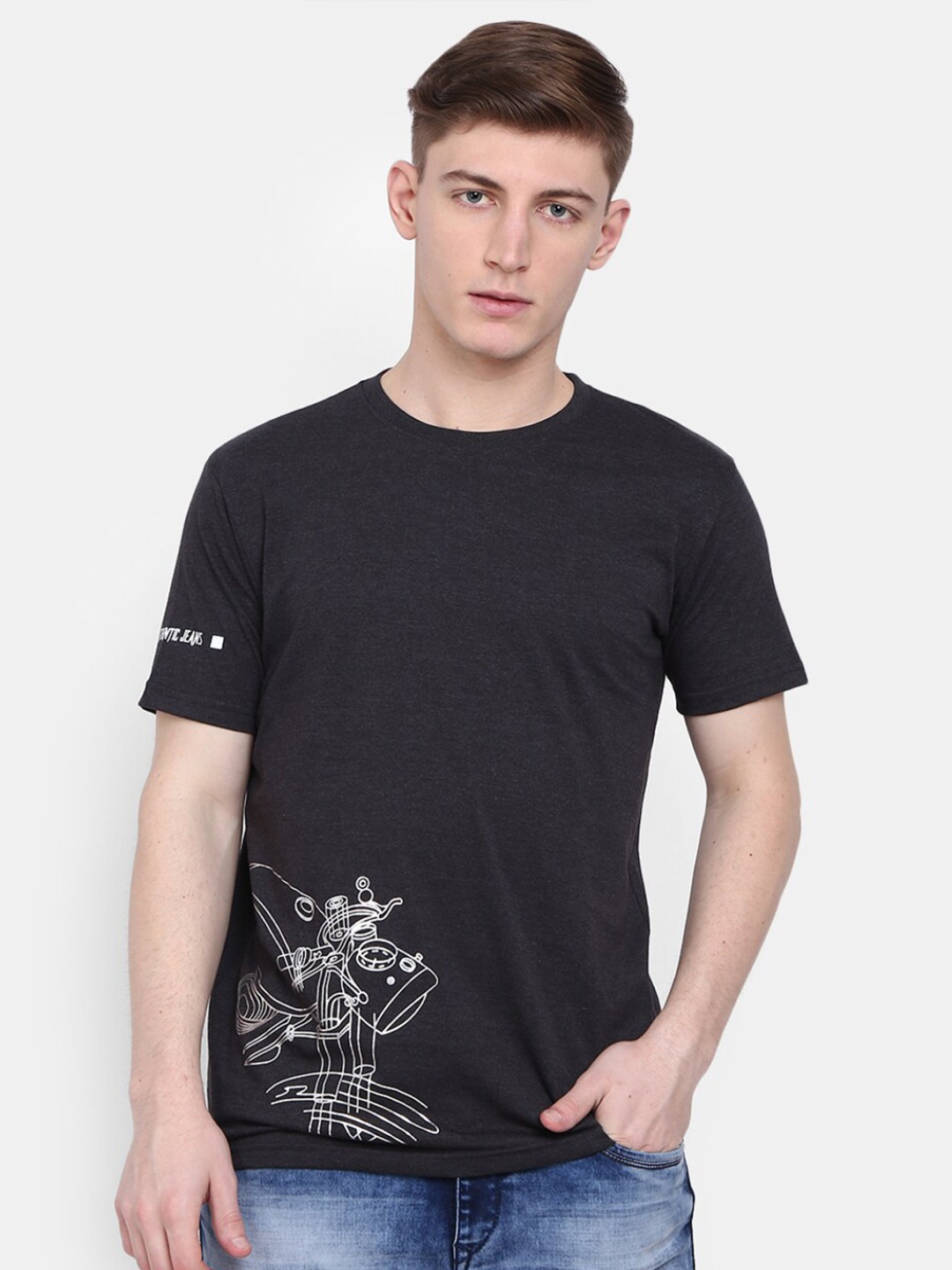 

V-Mart Graphic Printed Round Neck Cotton Slim Fit T-shirt, Charcoal