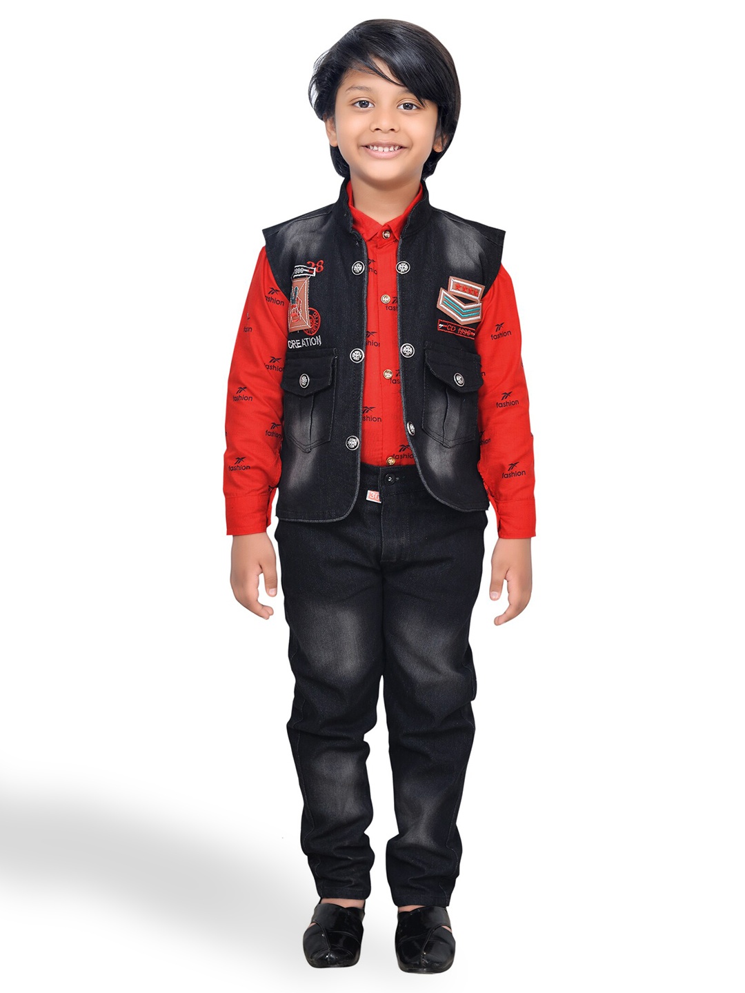 

KIDZAREA Infant Boys Printed Shirt With Trousers And Waistcoat, Red