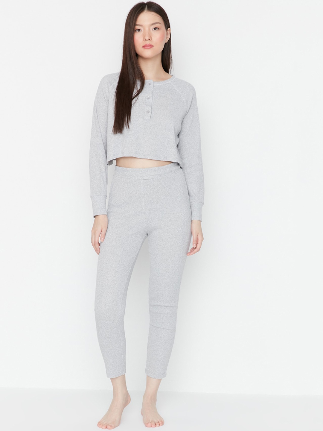 

Trendyol Round Neck Night Suit, Grey melange