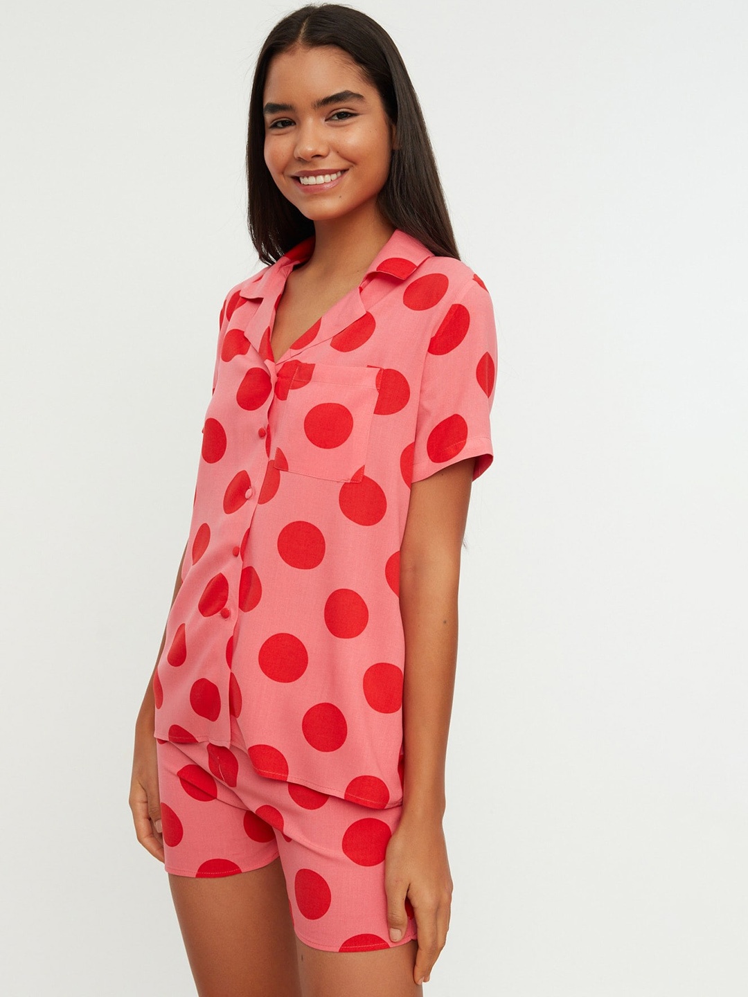 

Trendyol Polka Dots Printed Night Suit, Fuchsia