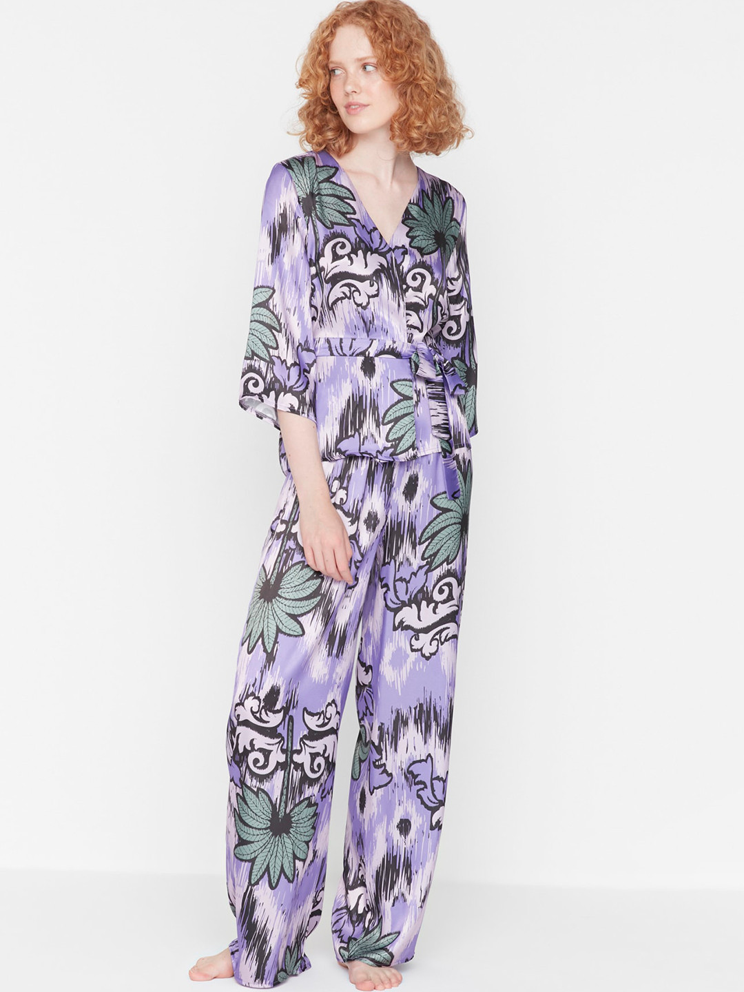 

Trendyol Floral Printed Night Suit, Purple