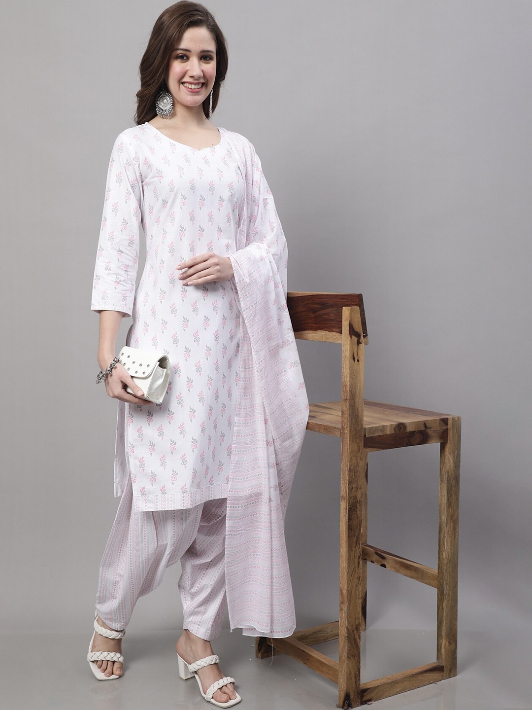 

Rajnandini Ethnic Motifs Printed Kurta with Patiala & With Dupatta, White