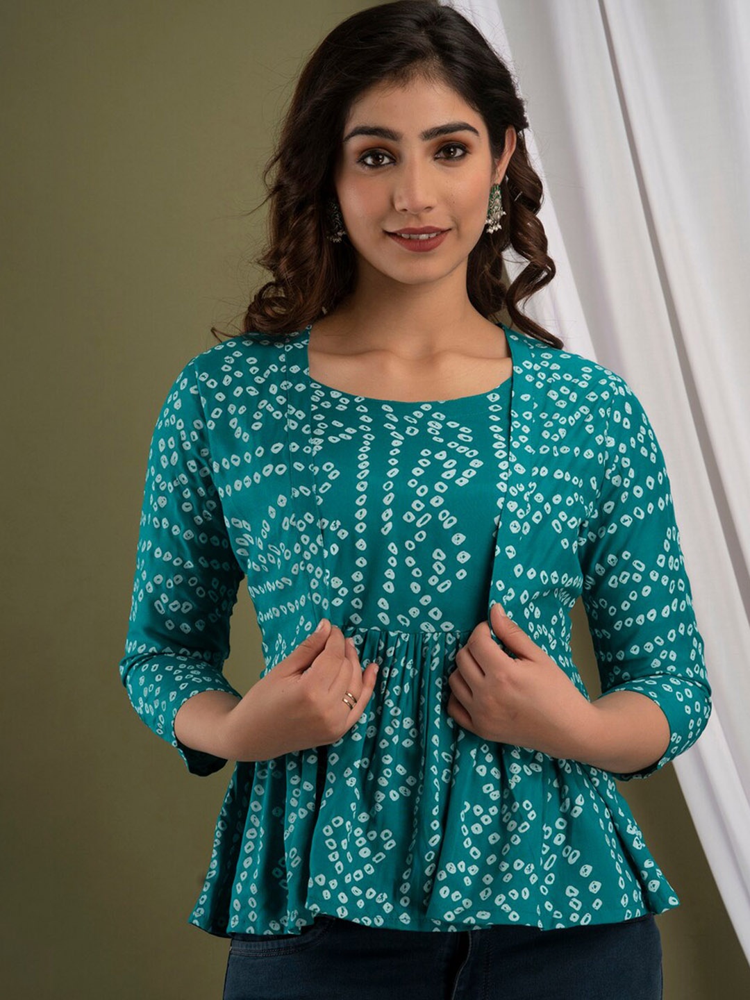 

SURHI Ethnic Motifs Printed Layered Peplum Top, Green