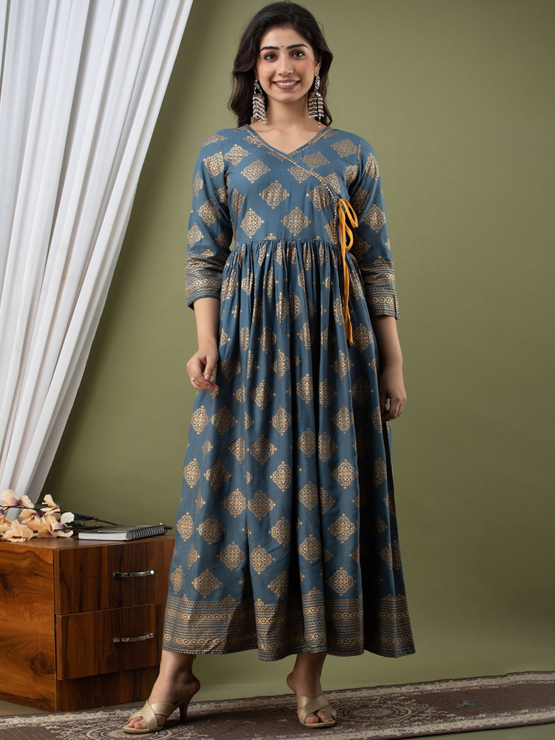 

SURHI Ethnic Motifs Printed Tie Ups Detail Wrap Ethnic Dress, Grey