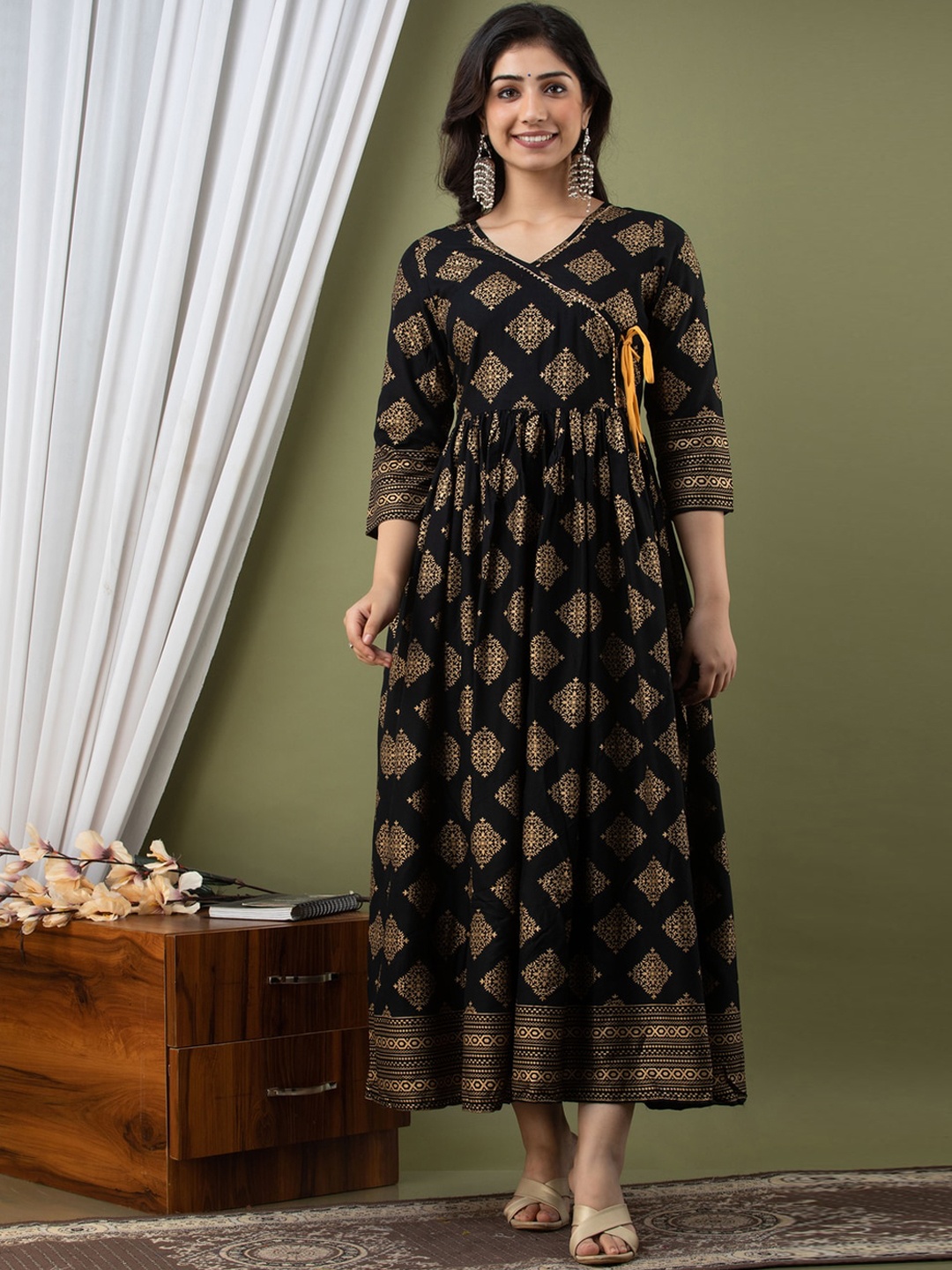 

SURHI Ethnic Motifs Printed Maternity Wrap Ethnic Dress, Black