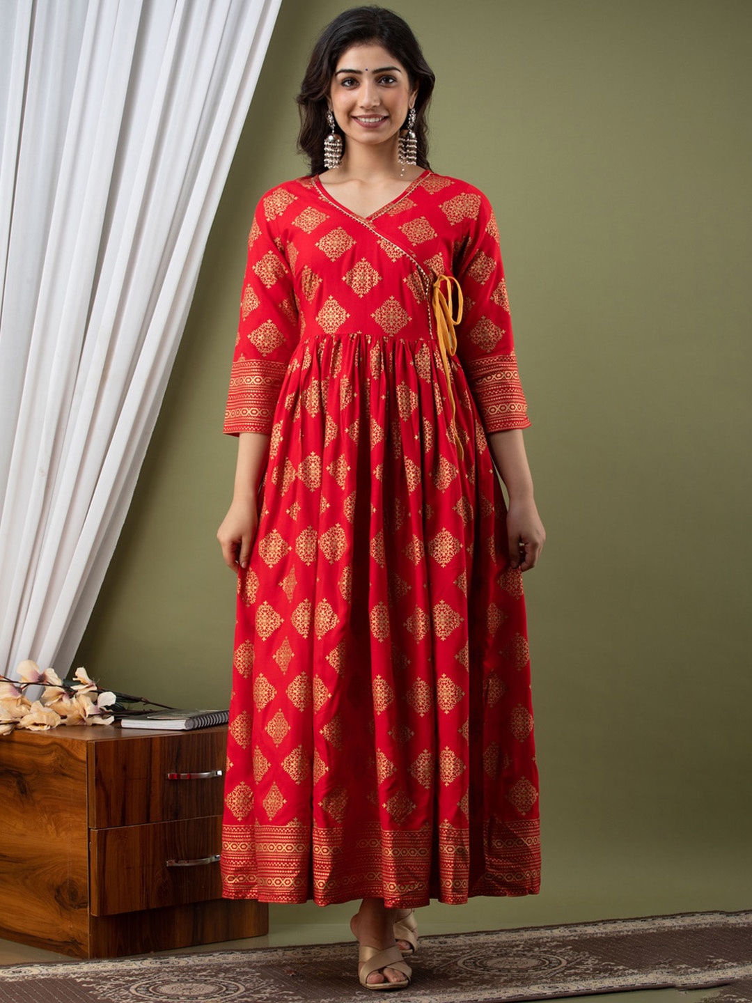 

SURHI Ethnic Motifs Printed Tie Ups Detail Wrap Ethnic Dress, Red