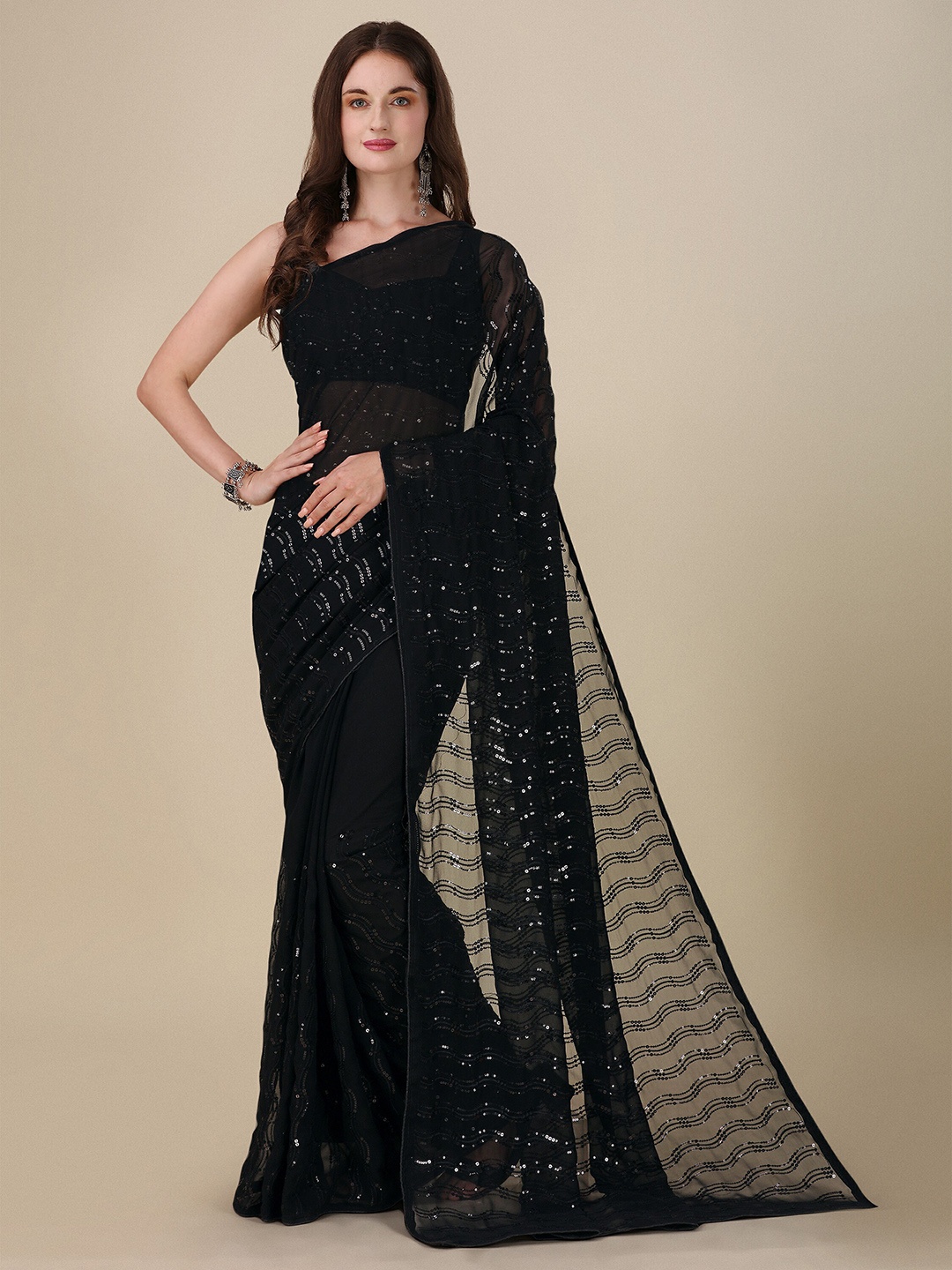 

Mitera Black Embellished Sequinned Pure Georgette Saree
