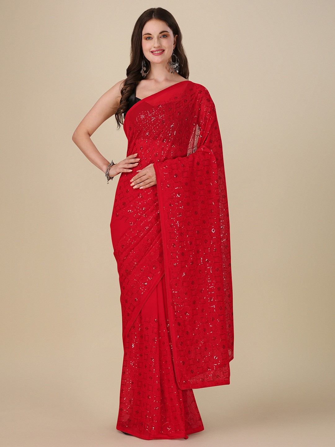 

Mitera Red Embellished Sequinned Pure Georgette Saree