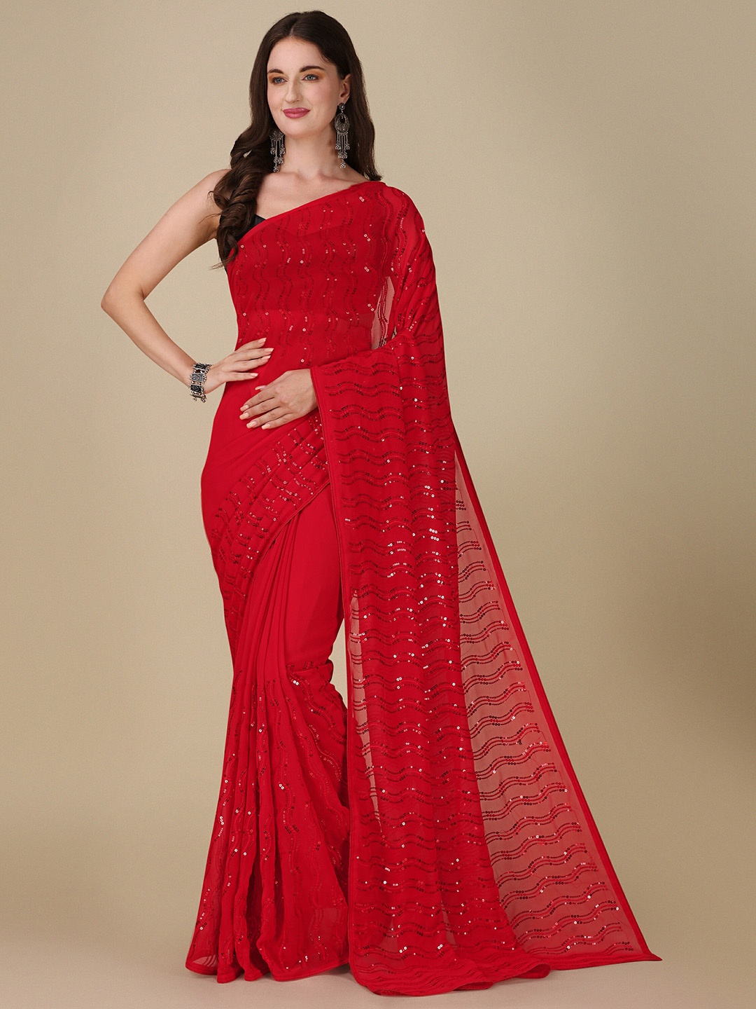 

Mitera Embellished Sequinned Pure Georgette Saree, Red