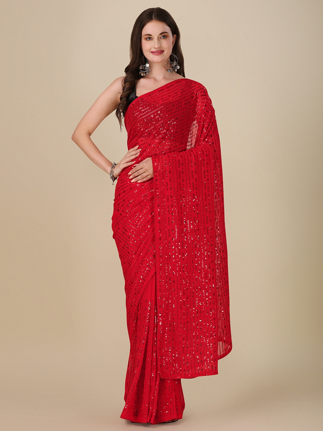 

Mitera Embellished Sequinned Pure Georgette Saree, Red