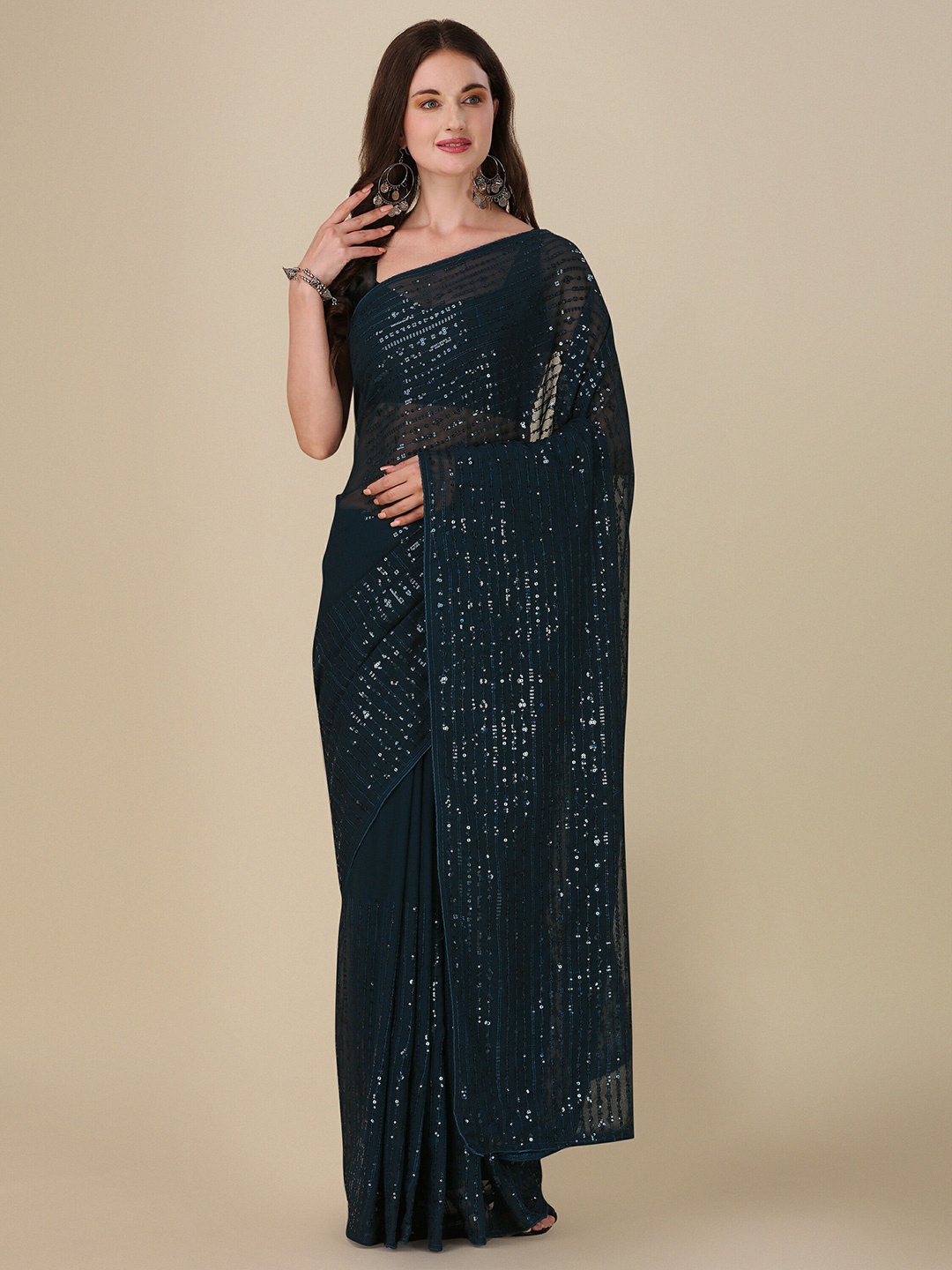 

Mitera Turquoise Blue & Silver-Toned Sequinned Embellished Pure Georgette Saree