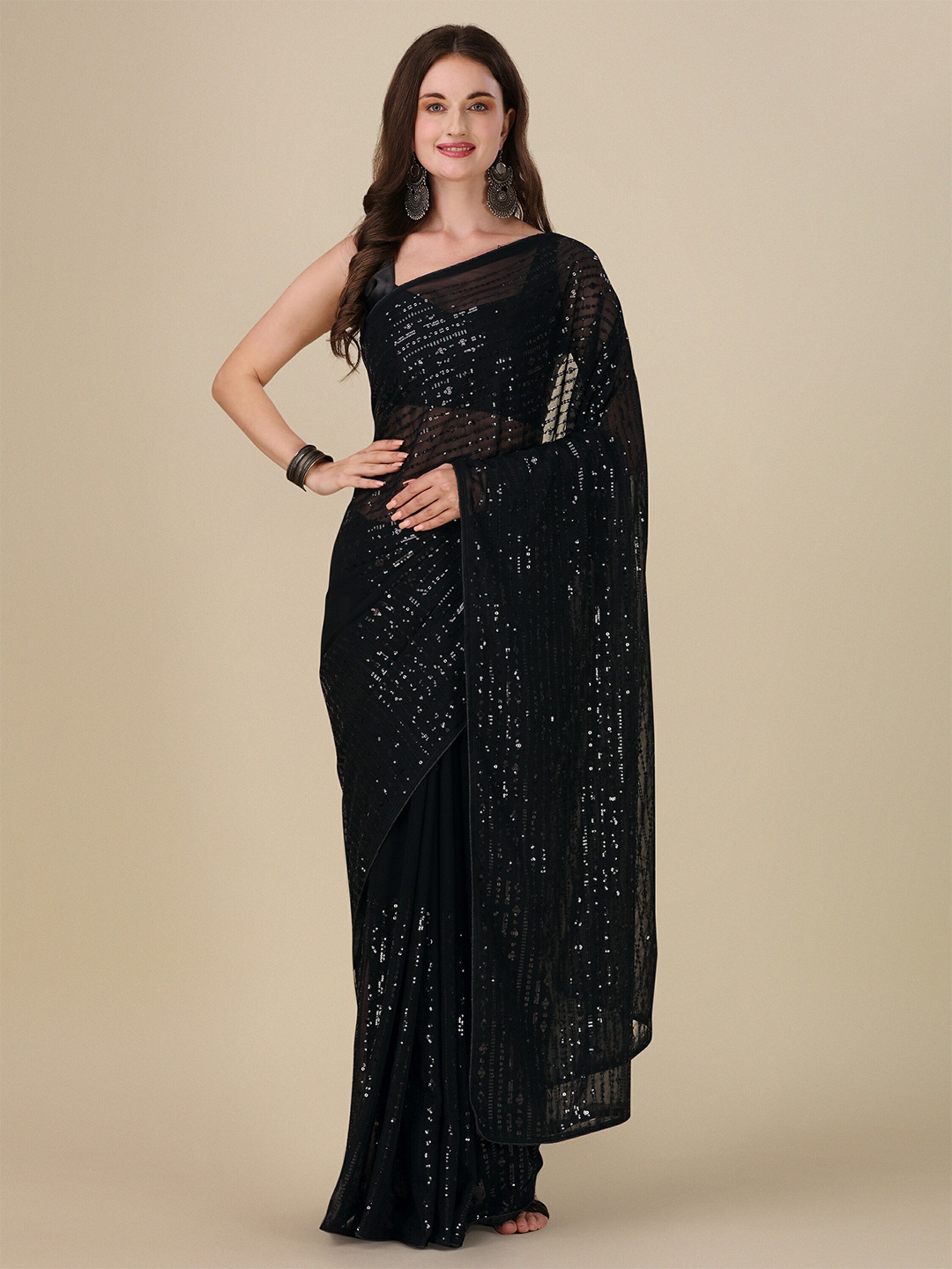 

Mitera Black Sequin Embellished Pure Georgette Saree