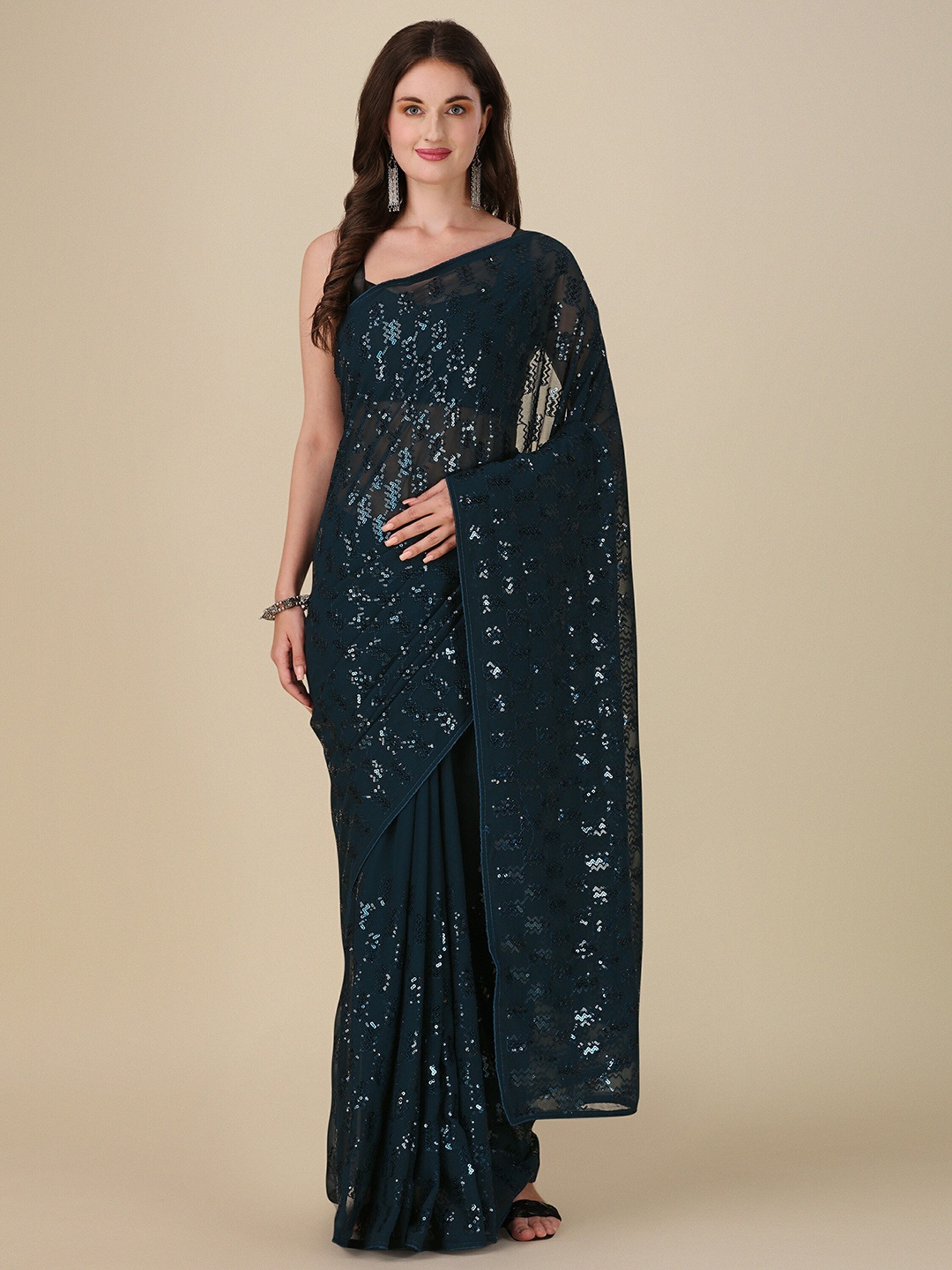 

Mitera Teal Blue Sequin Embellished Pure Georgette Saree
