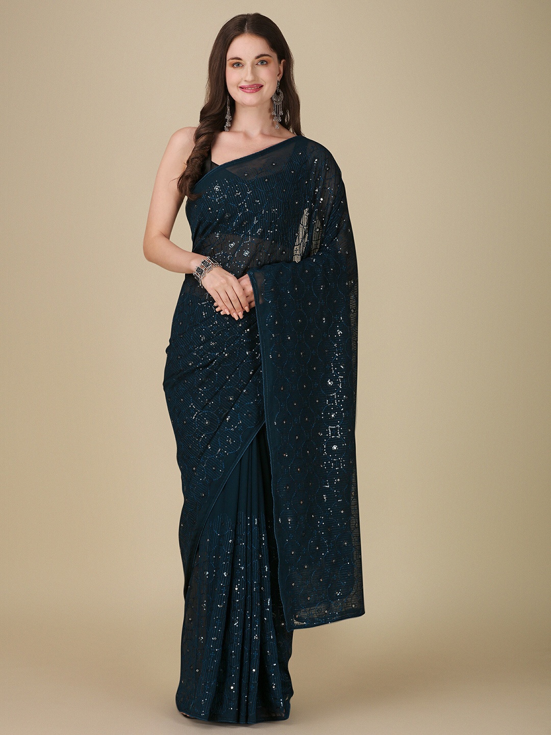 

Mitera Blue Embellished Sequinned Pure Georgette Saree