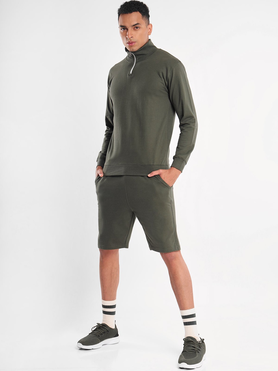 

NOBERO High Neck Sweatshirt With Shorts Co-Ord Set, Olive