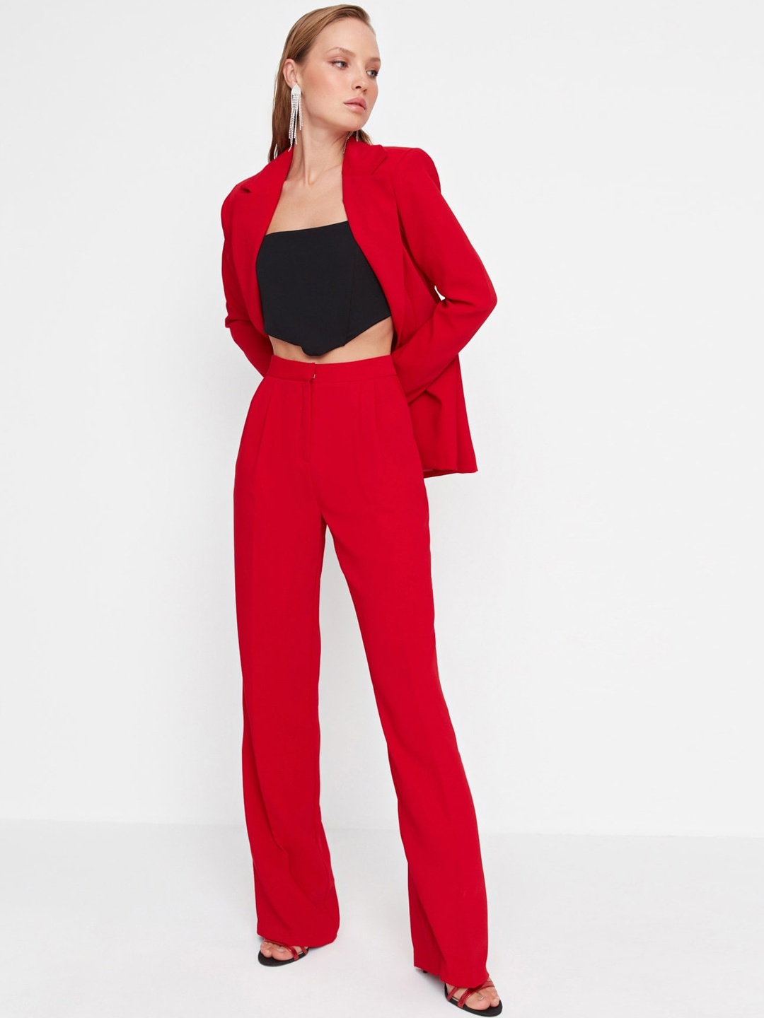 

Trendyol Women High-Rise Pleated Plain Parallel Trousers, Red