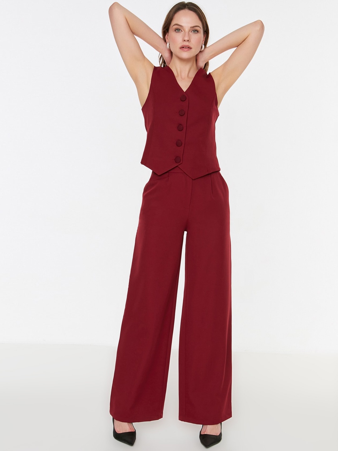 

Trendyol Women High-Rise Flared Fit Pleated Parallel Trousers, Red