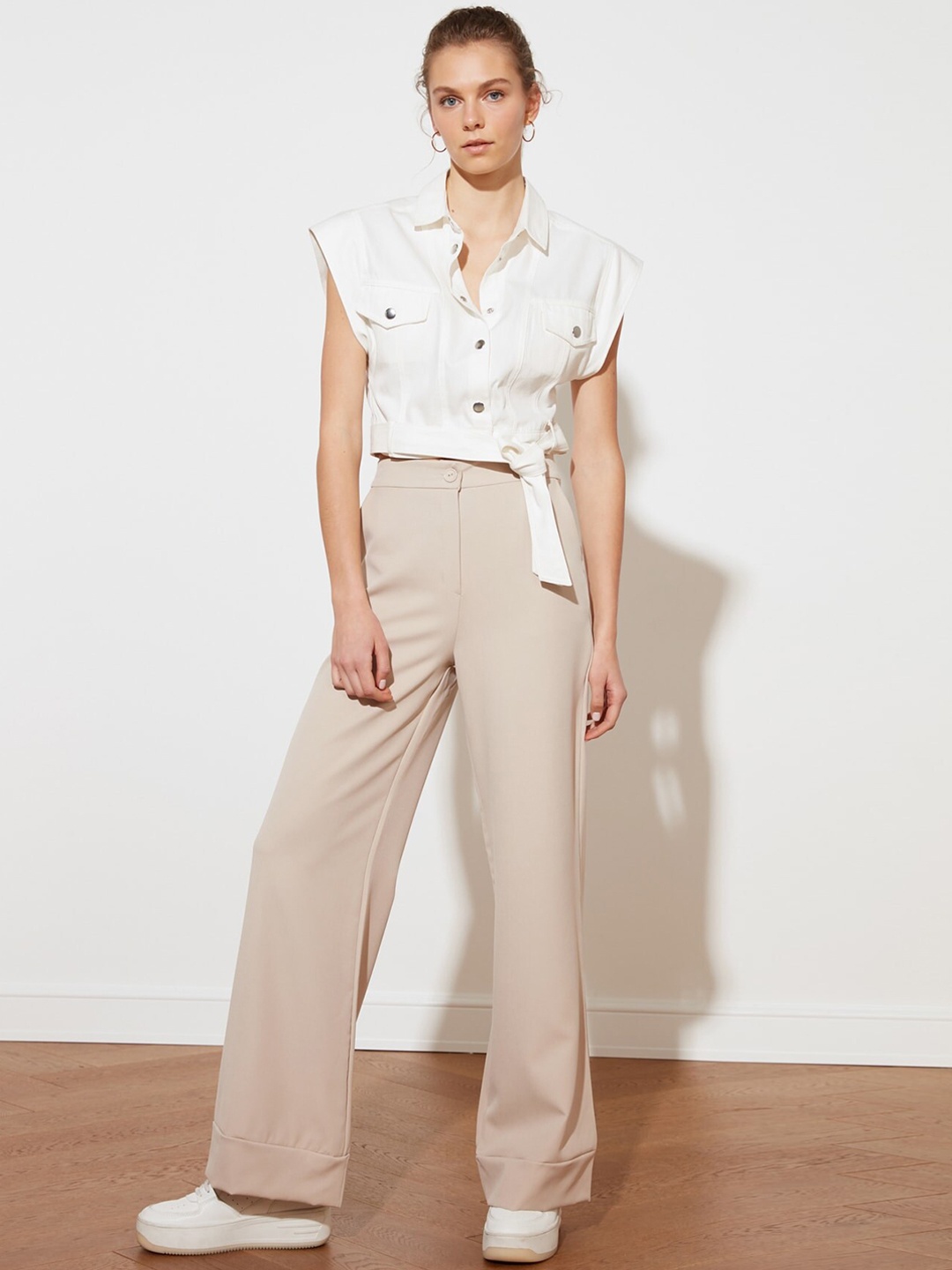 

Trendyol Women High-Rise Plain Loose Fit Parallel Trousers, Beige