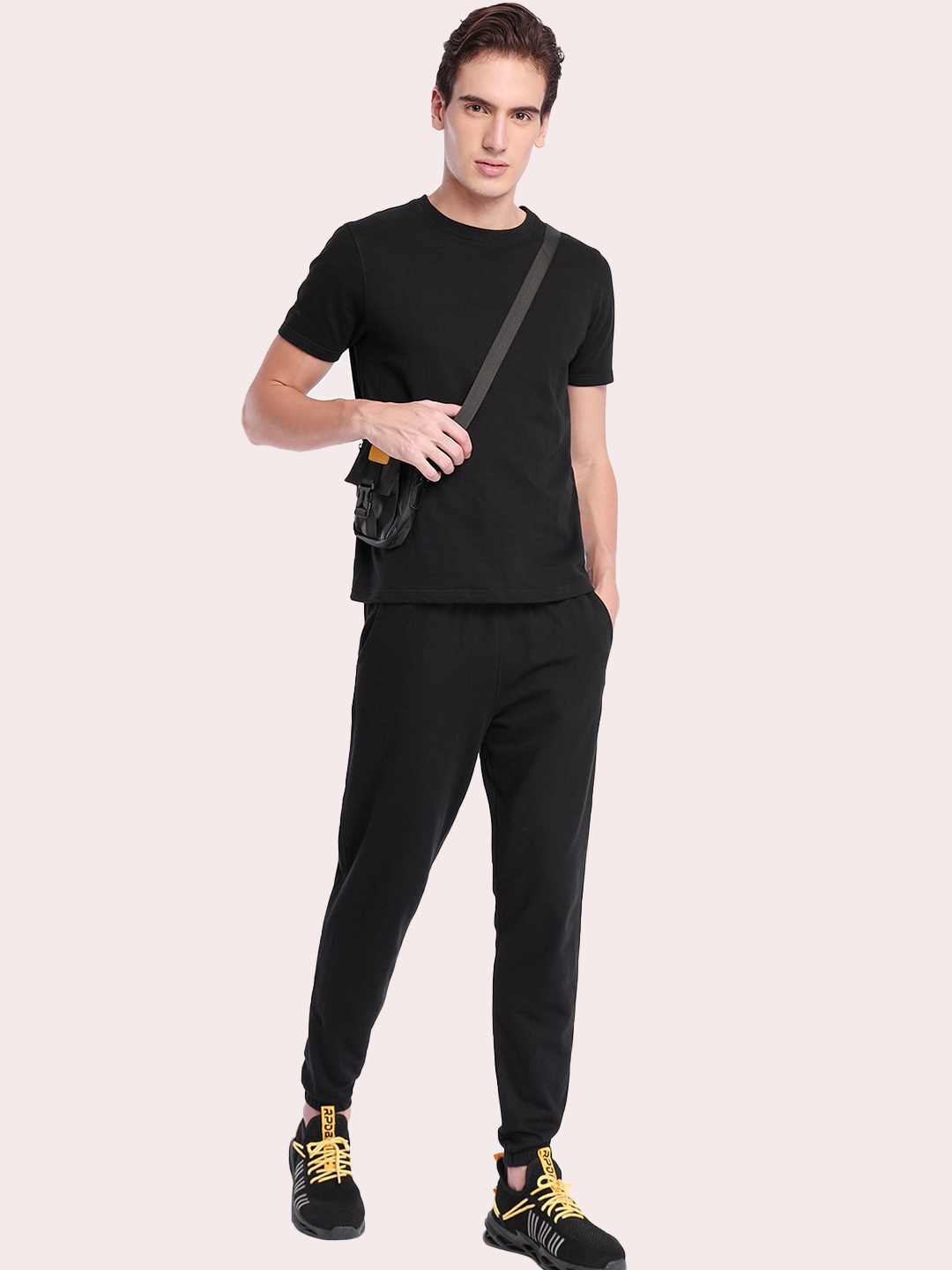 

NOBERO Men Pure Cotton T-Shirt With Joggers Co-Ords, Black