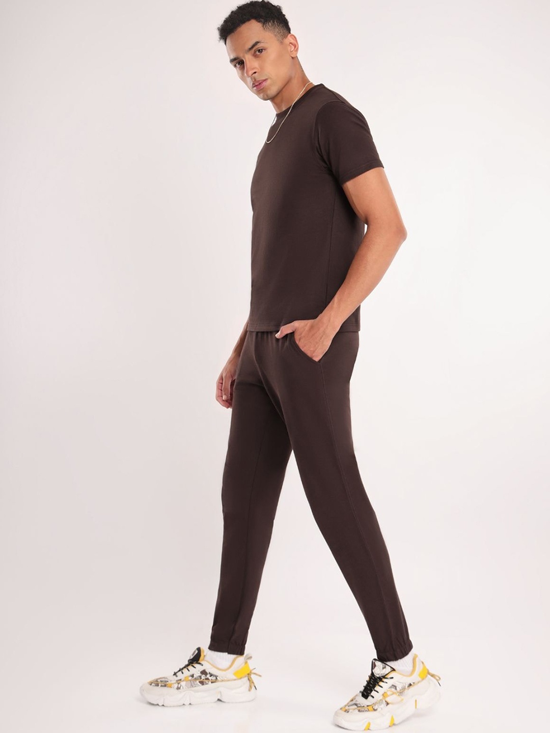 

NOBERO Round Neck Short Sleeves Pure Cotton Co-ords, Coffee brown