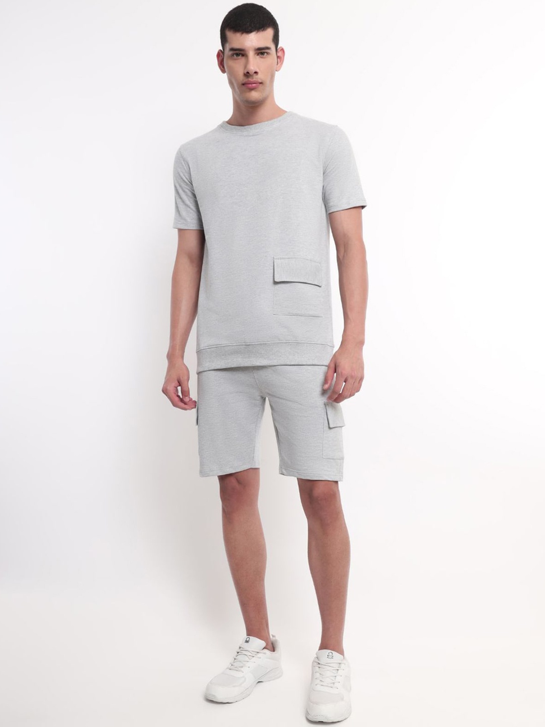 

NOBERO Men Pure Cotton T-Shirt & Shorts Co-Ords, Grey melange