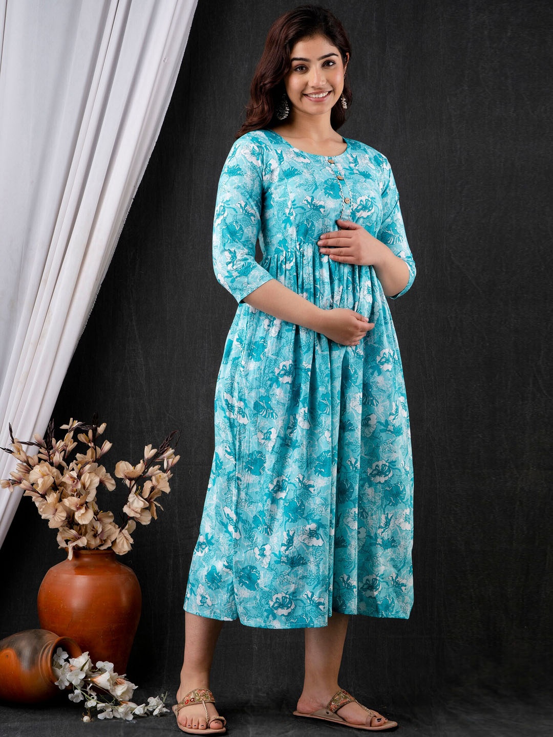 

Mialo fashion Floral Printed Maternity Fit and Flare Ethnic Dress, Blue