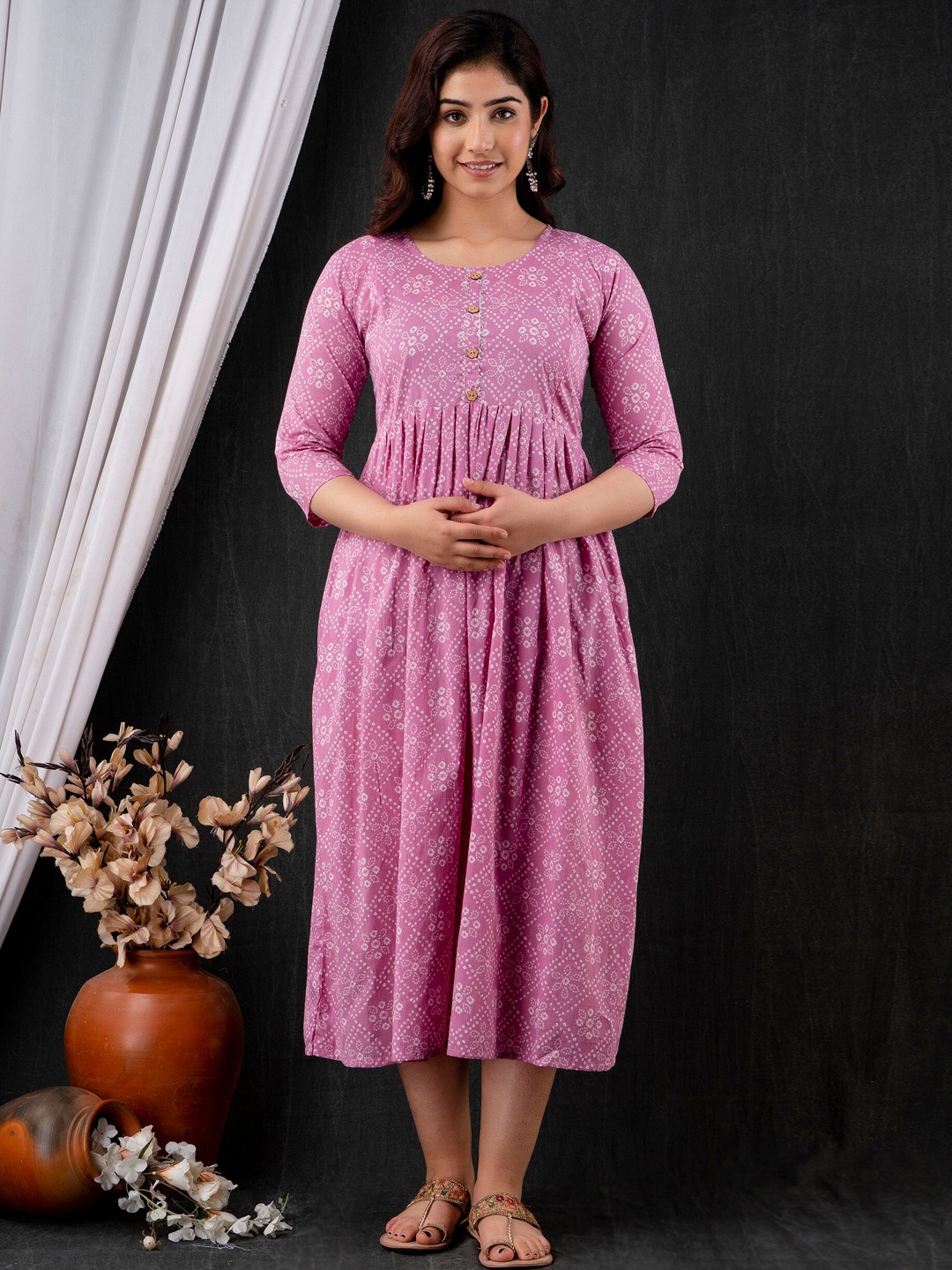 

Mialo fashion Ethnic Motifs Printed Maternity Fit and Flare Ethnic Dress, Pink