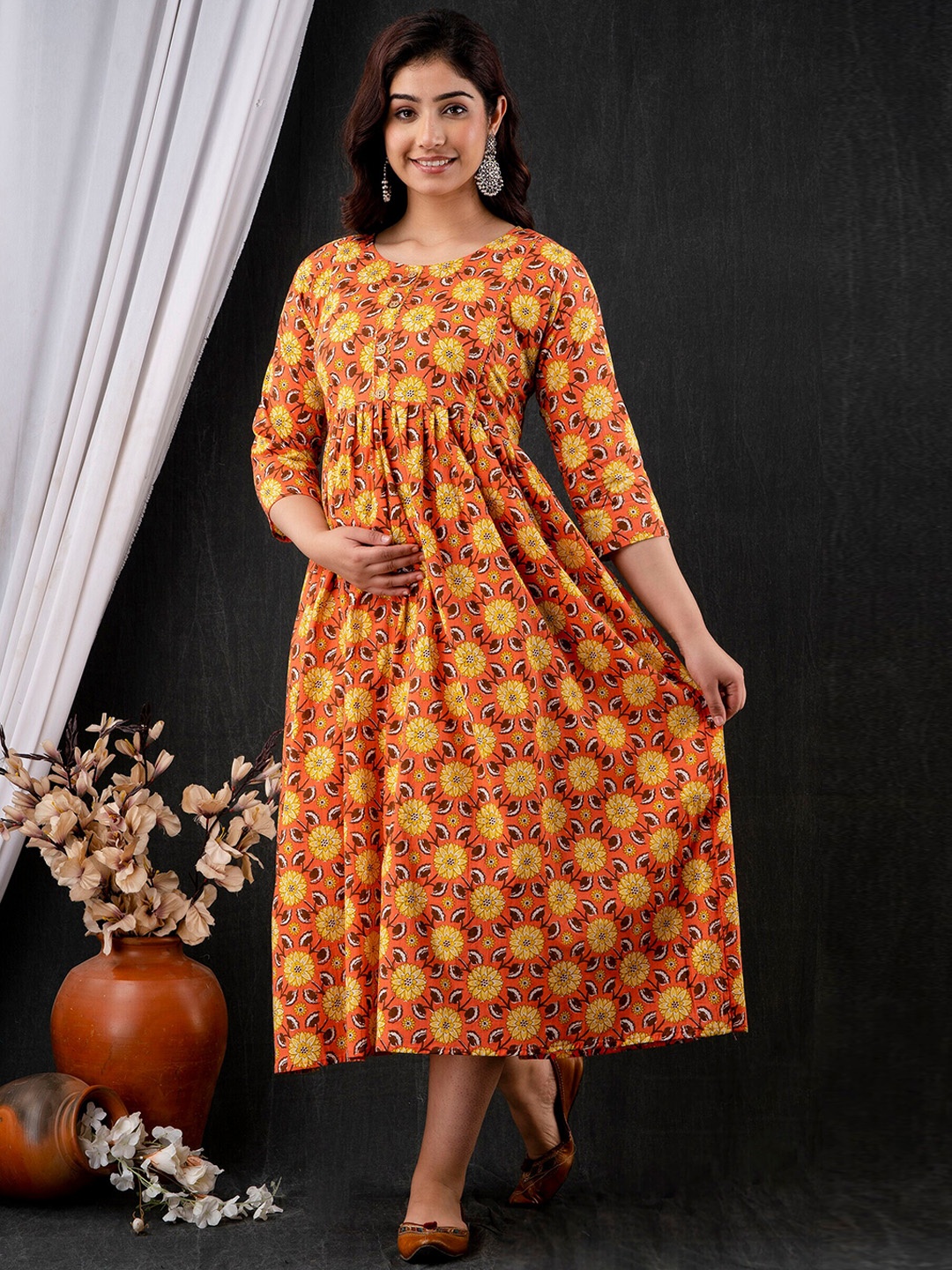

Mialo fashion Floral Printed Maternity Fit and Flare Ethnic Dress, Orange