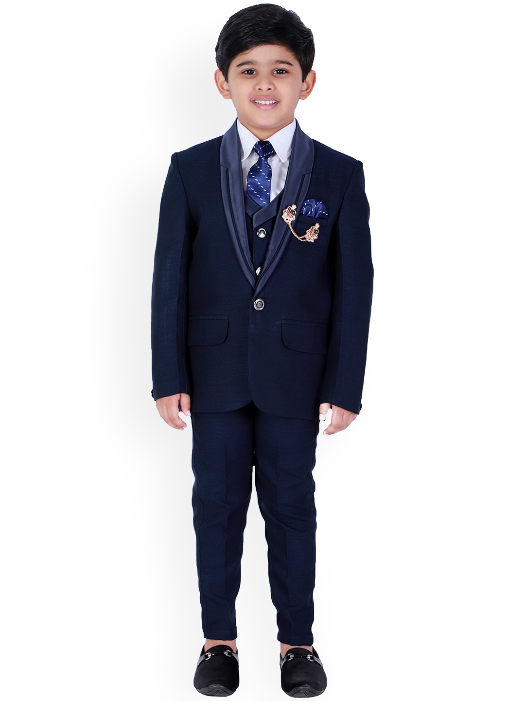 

FOURFOLDS Boys 5-Pieces Single-Breasted Formal Suit, Navy blue