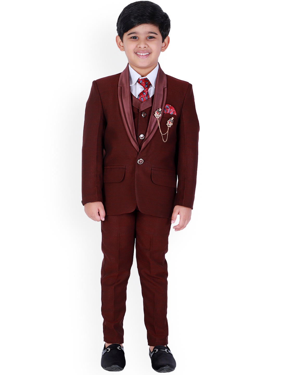 

FOURFOLDS Boys Single-Breasted 5-Piece Party Suit, Maroon