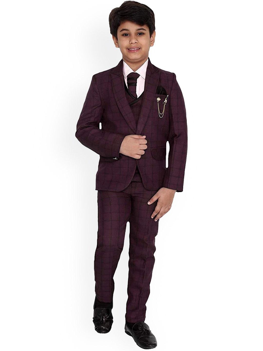 

FOURFOLDS Boys 5-Piece Checked Single-Breasted Suit, Burgundy