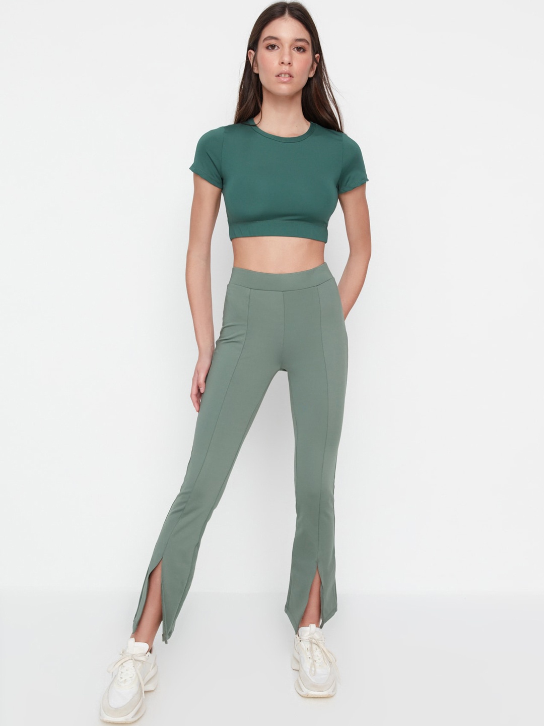 

Trendyol Women Mid Rise Regular Fit Track Pants With Slits, Green