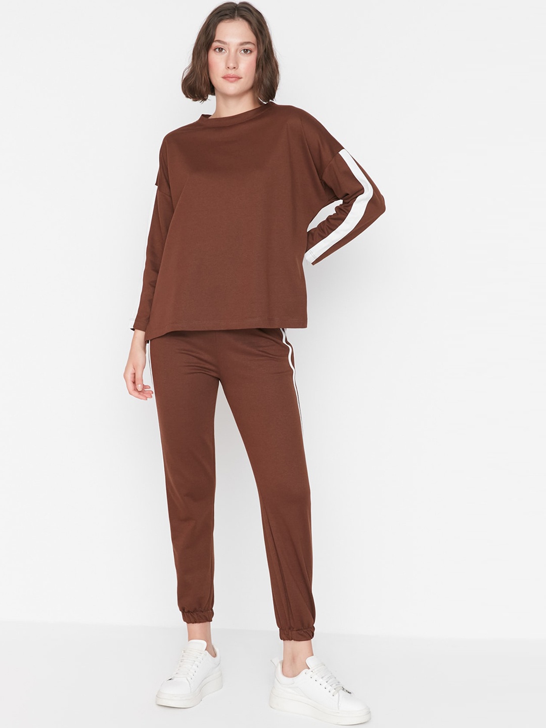 

Trendyol Women Striped Cotton Joggers, Brown