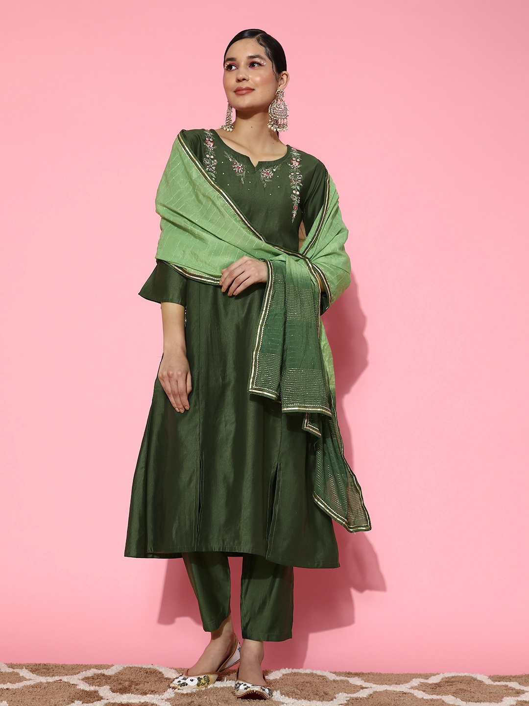 SheWill Floral Embroidered Regular Sequinned Kurta with Trousers & Dupatta, Green