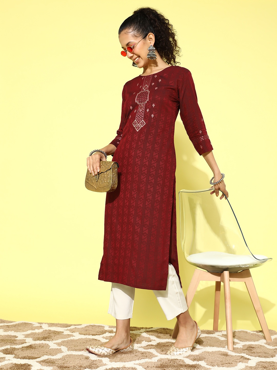 

Sangria Geometric Yoke Design Kurta, Maroon